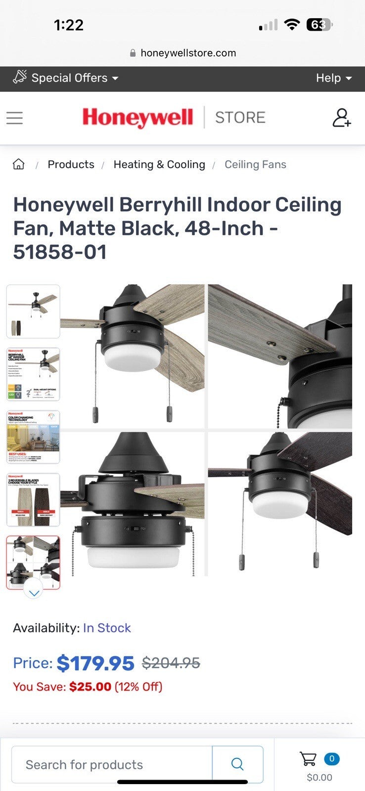 Honeywell Berryhill Indoor Ceiling Fan, Matte Black, 48-Inch - 51858-01