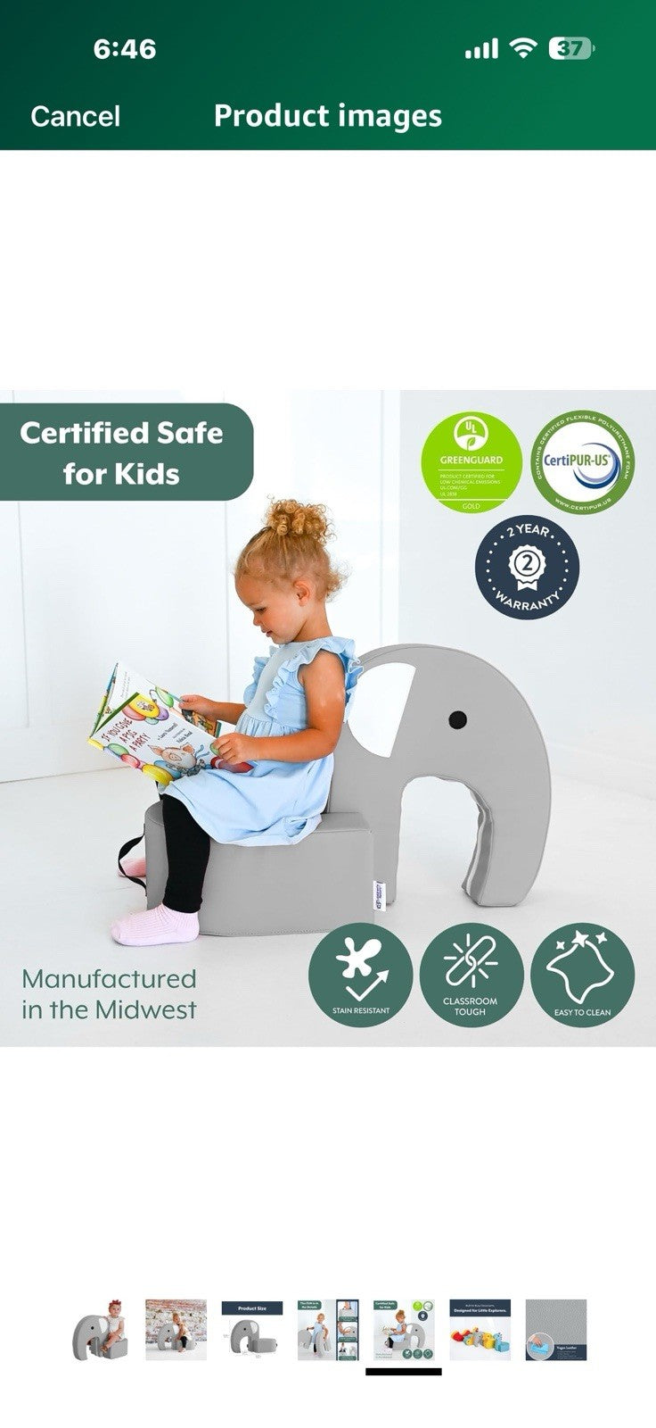 Children's Factory Emmy The Elephant Seat, Gray Foam Kids Stool, Toddler Soft 