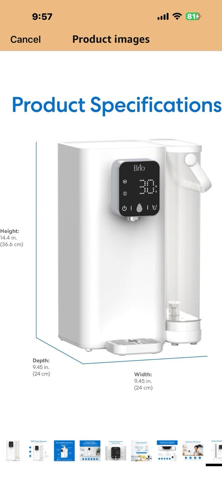 Brio SIMPL W2 Countertop Water Dispenser w/Refillable 2.5L Water Tank, 