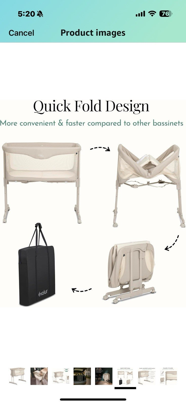 Evolur Kinsley Bedside Bassinet – Quick Fold, Breathable Mesh Sides, 