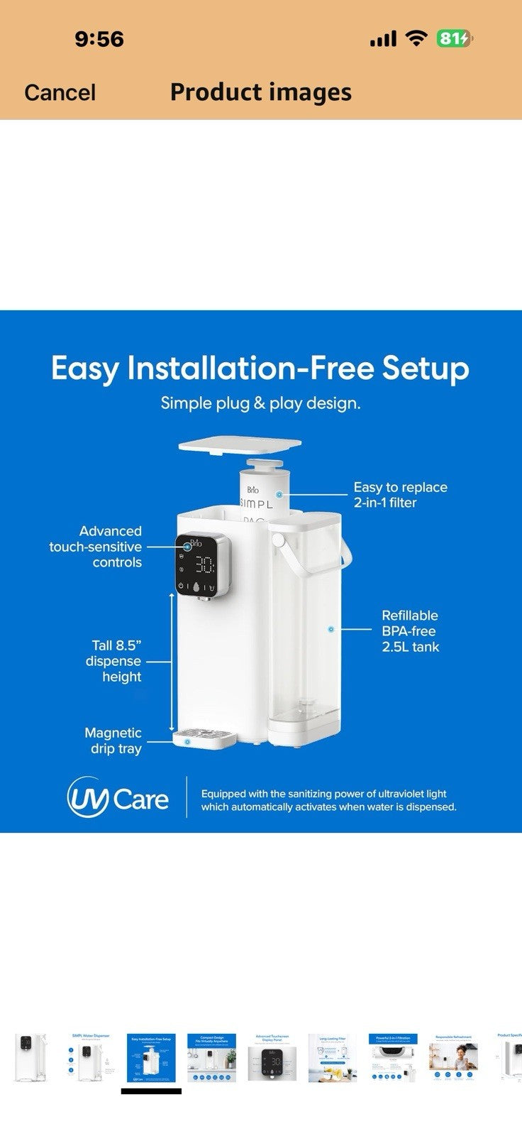 Brio SIMPL W2 Countertop Water Dispenser w/Refillable 2.5L Water Tank, 