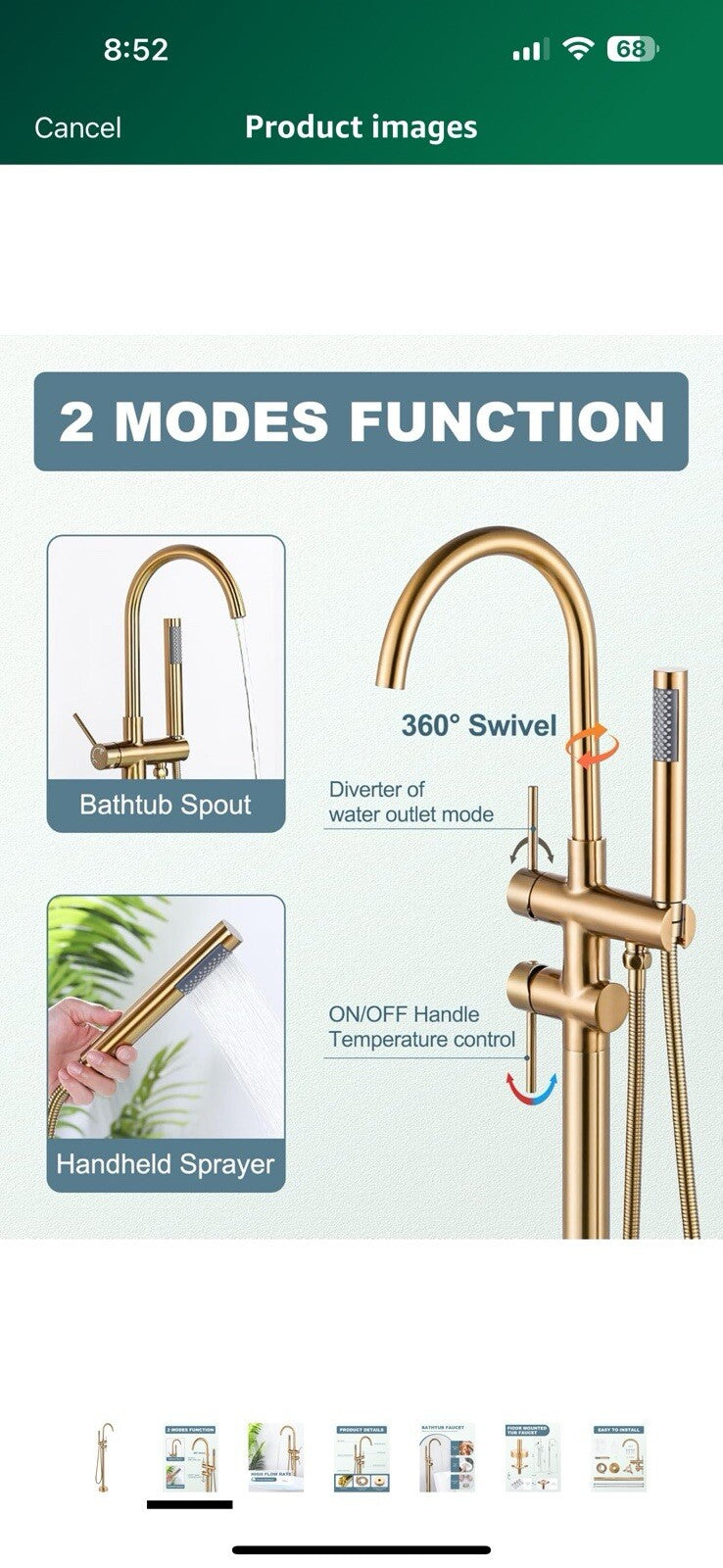 Freestanding Bathtub Faucet Brushed Gold, Floor Mount Tub Filler, High