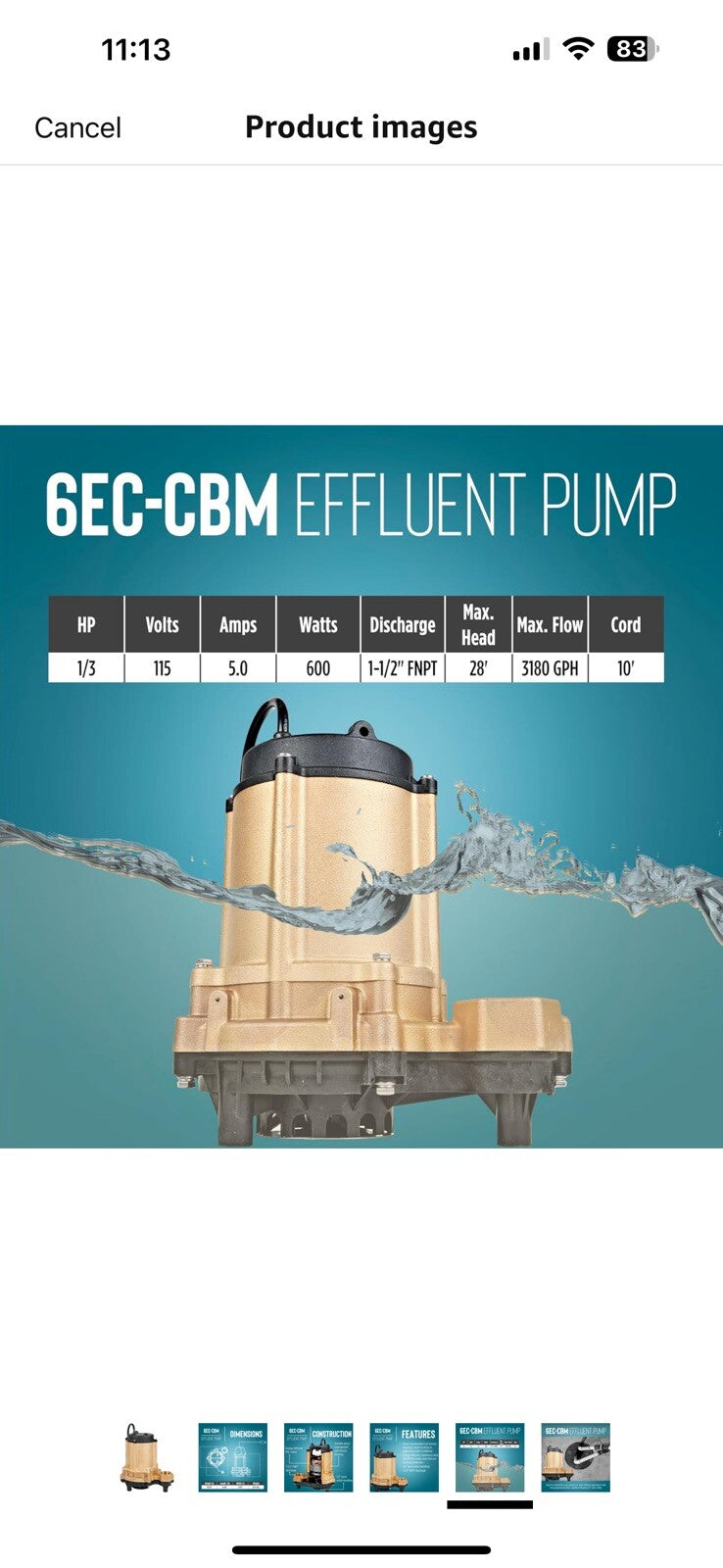Little Giant 6EC-CBM 115 Volt, 1/3 HP, 3180 GPH, Manual (No Switch)