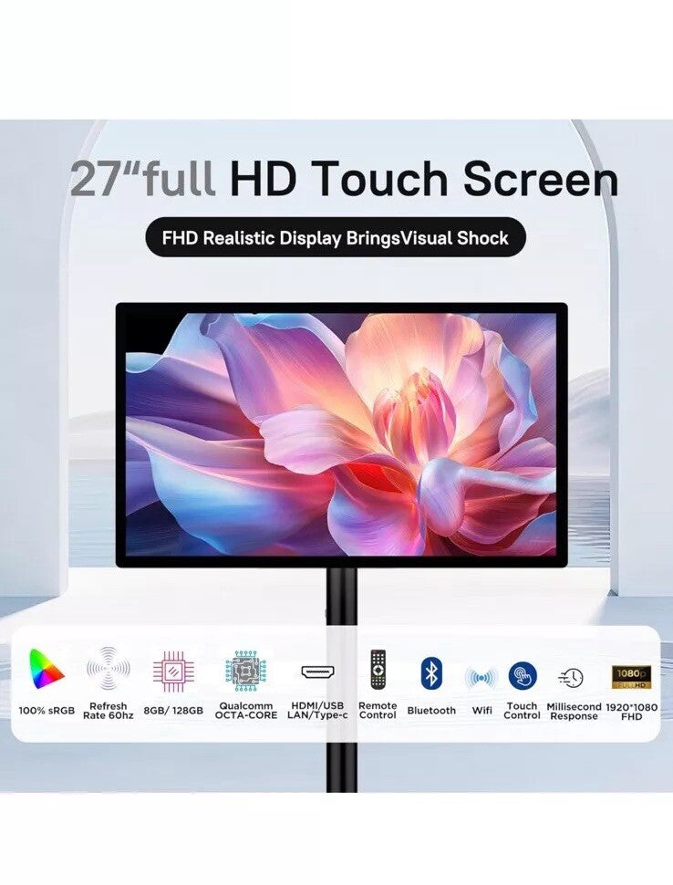 1080P 27-Inch Portable TV Touchscreen Monitor,Qualcomm 8-core CPU,8G RAM