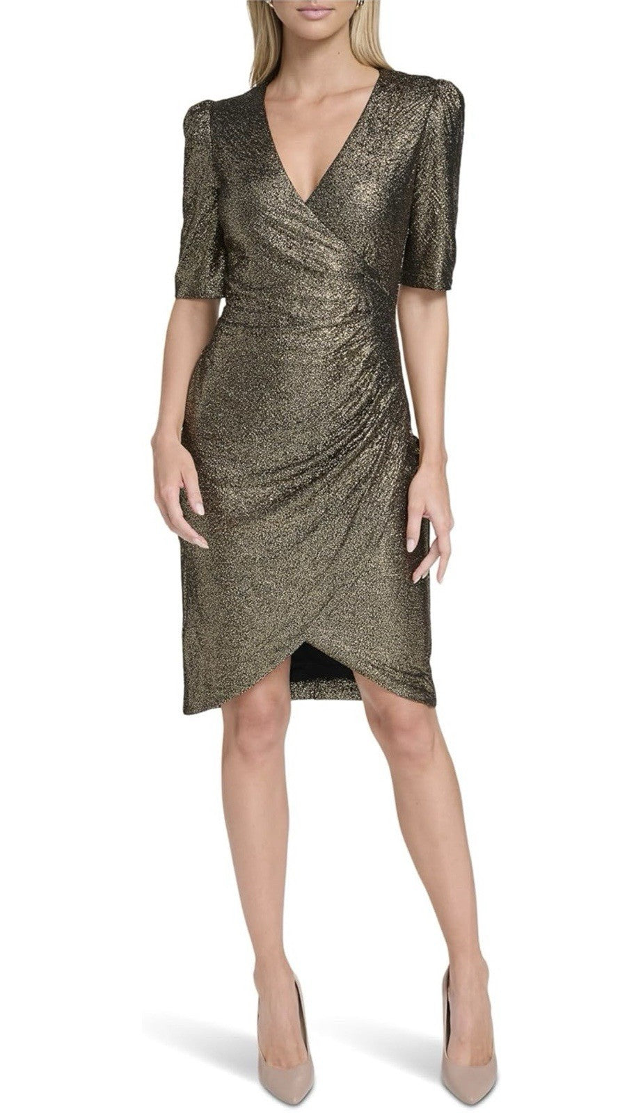 Calvin Klein Womens Short Sleeve V-Neck Glitter Wrap Mini Dress