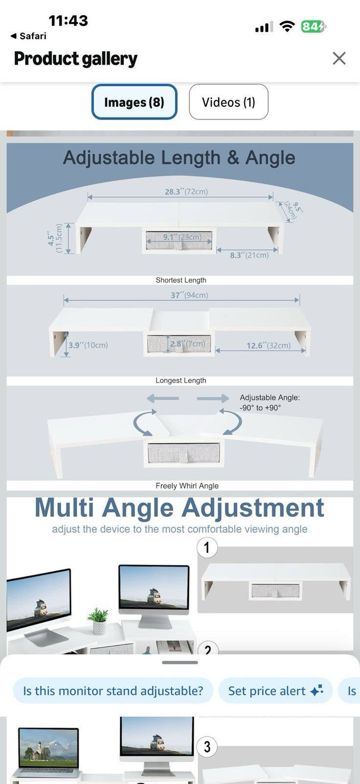 MARTY Dual Monitor Stand, White Monitor Riser with Drawer Length & Angle 