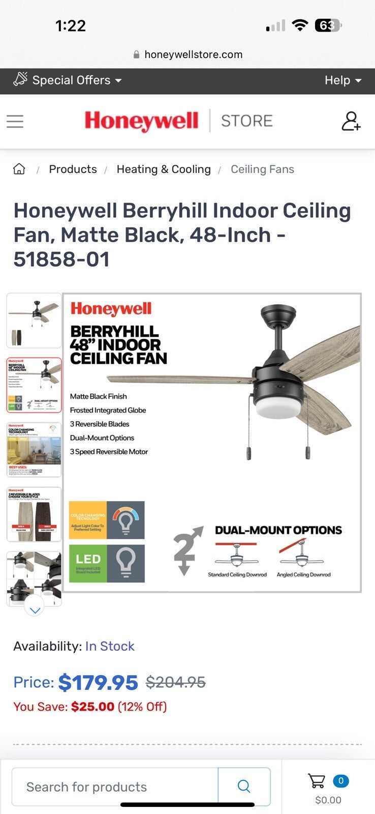 Honeywell Berryhill Indoor Ceiling Fan, Matte Black, 48-Inch - 51858-01