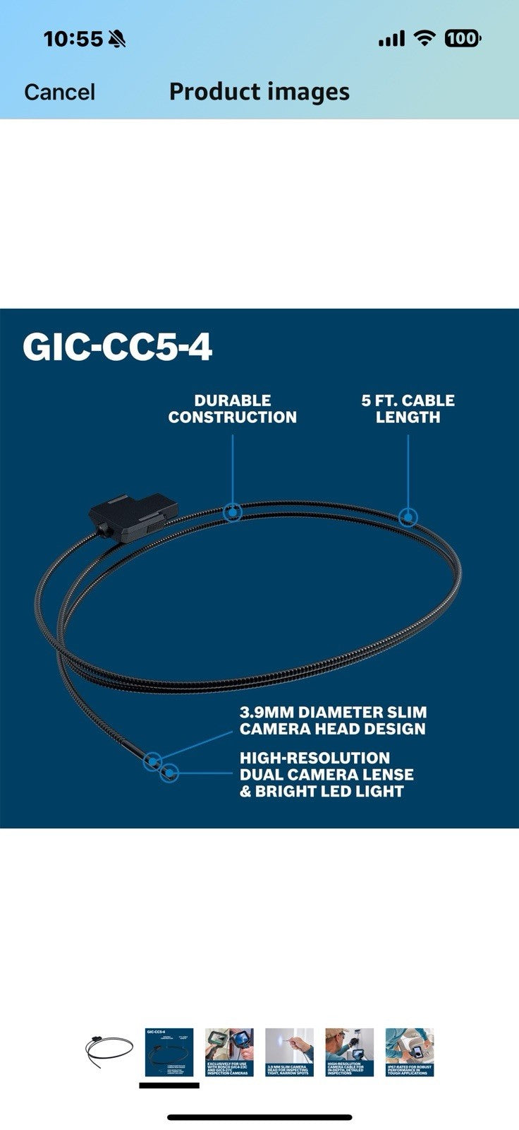 BOSCH GIC-CC5-4 Inspection Camera Cable - 5 Ft, High-Resolution, IP67