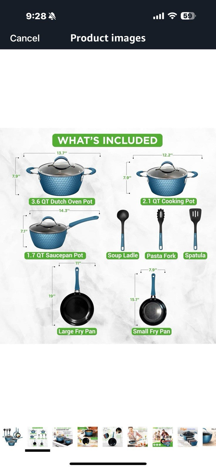 NutriChef 11 Pc Ceramic Cookware Set - Excilon Blue Diamond, Nonstick,