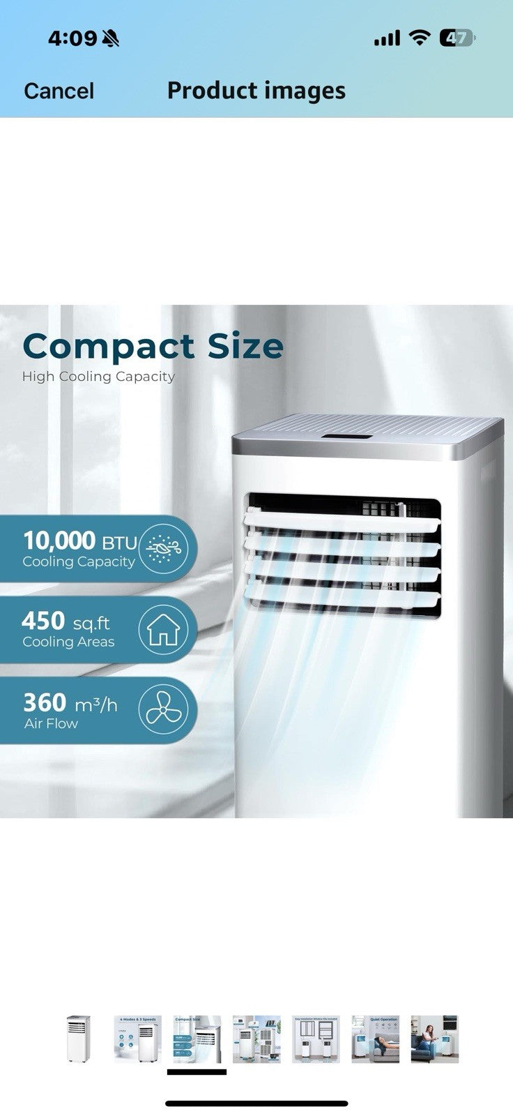 10,000 BTU Portable Air Conditioner, Quiet 3 in 1 AC Unit with Fan & Dehum