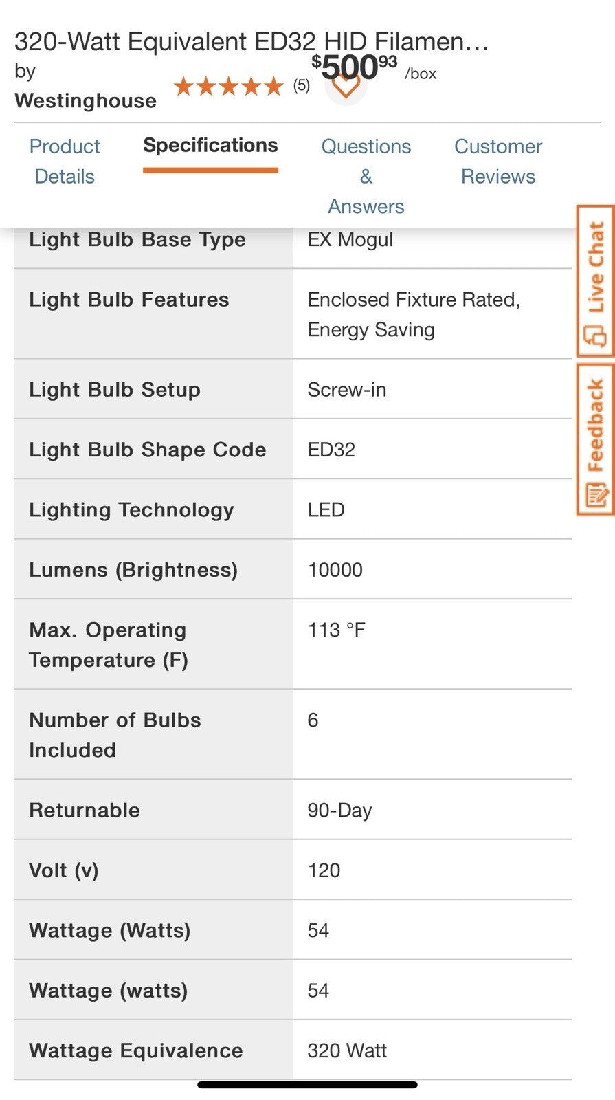 Westinghouse 5269020 54 Watt (320 Watt HID Equivalent) ED32 Daylight