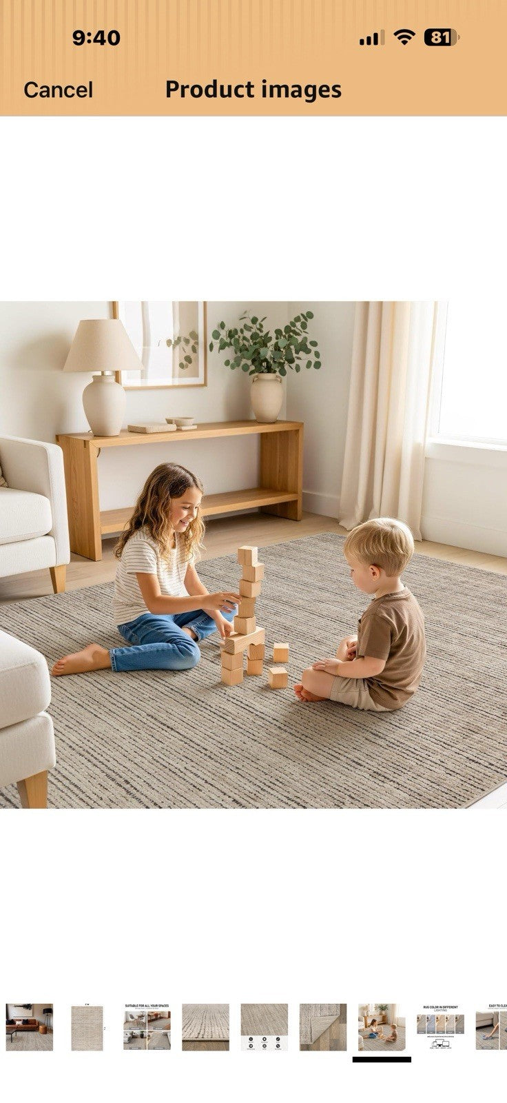 Rugshop Textured High-Low Indoor Area Rug, Neutral Stripe Design, Jute Backing,
