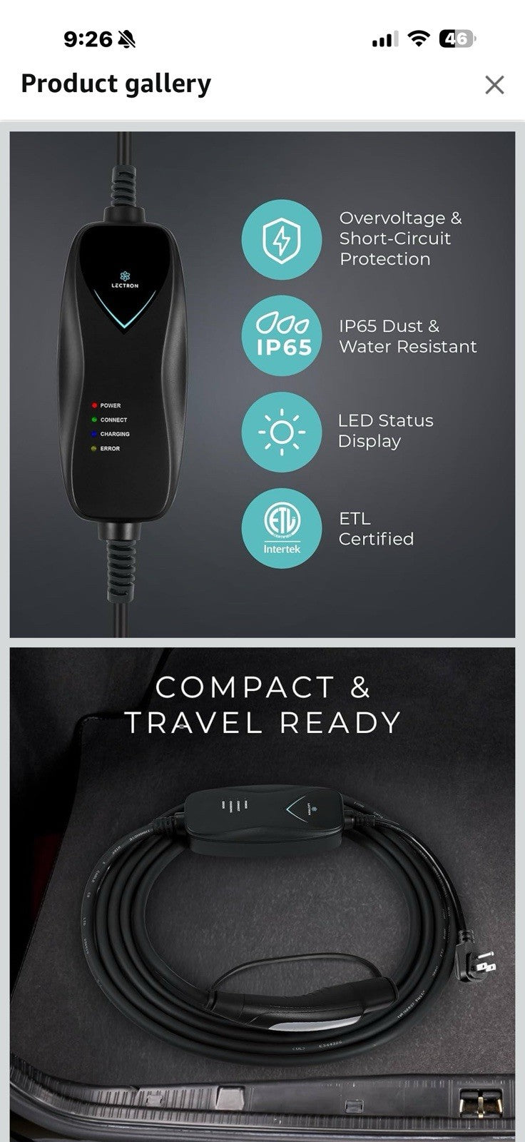 Lectron Level 1 Tesla Charger - 120V, 15 Amp, NEMA 5-15 Plug, 16 ft Extension 