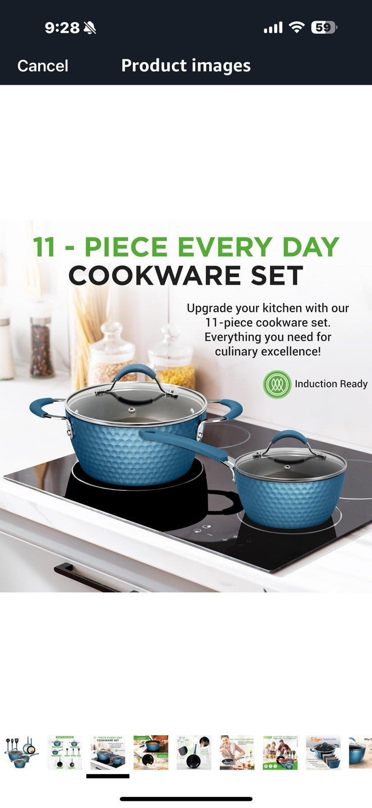 NutriChef 11 Pc Ceramic Cookware Set - Excilon Blue Diamond, Nonstick,