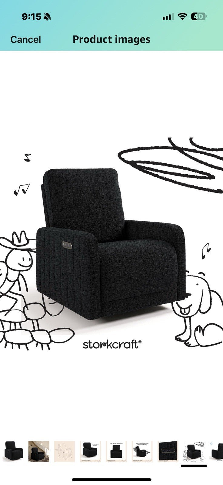Storkcraft Kyoto Deluxe Extra-Wide Power Recliner Swivel Glider (Black Boucle) 