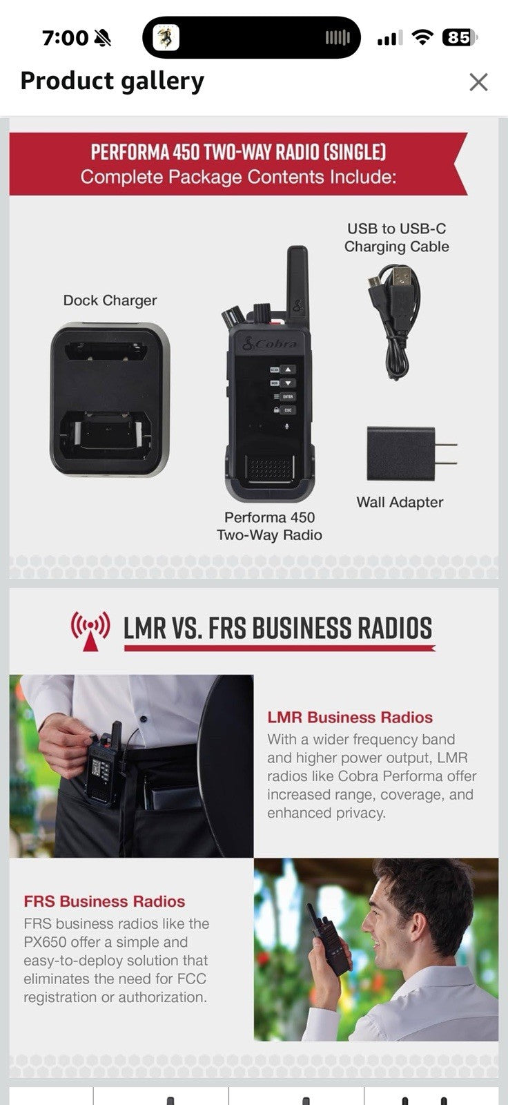 Cobra Performa 450 Business Radio (1-Pack with Dock) - 6-Channel UHF