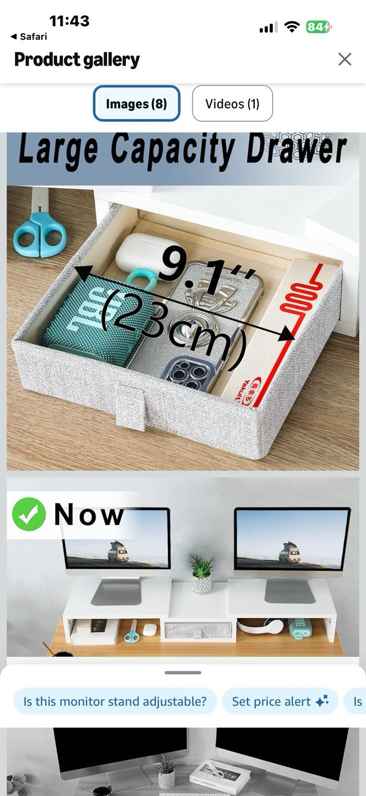 MARTY Dual Monitor Stand, White Monitor Riser with Drawer Length & Angle 