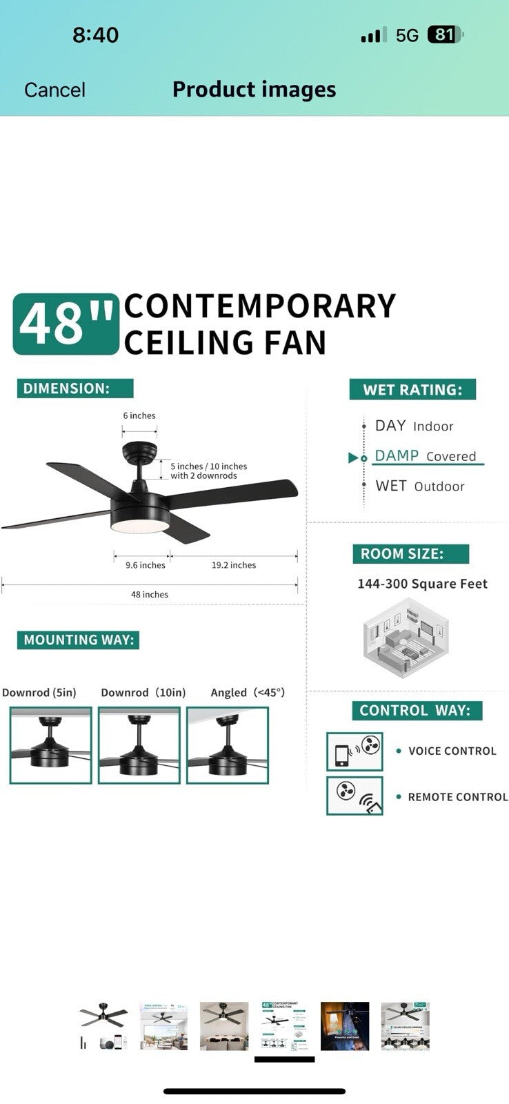 YITAHOME 48 Inch Black Ceiling Fan with Lights and Remote,4 Blades, 
