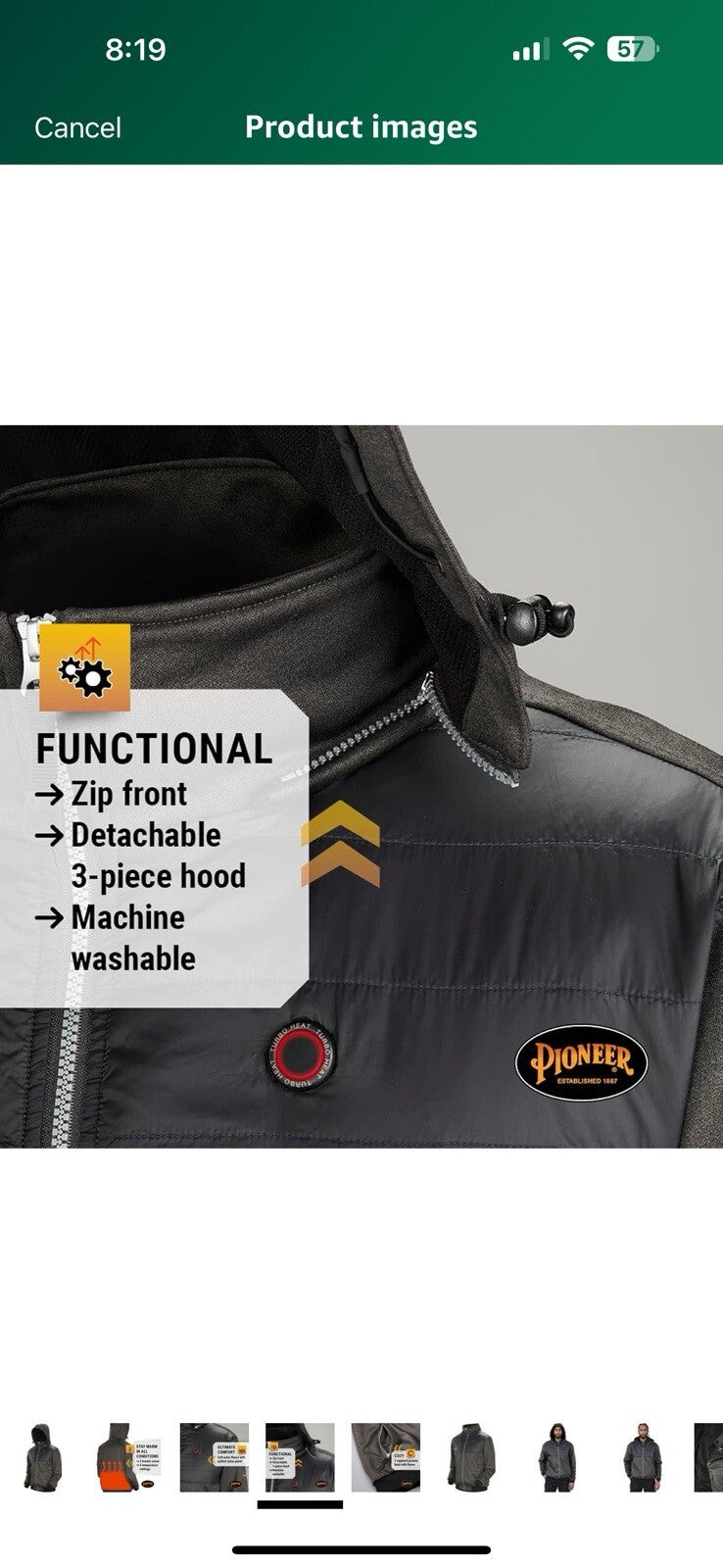 Pioneer Men's Heated Fleece Hooded Jacket with Detachable Hood - XL