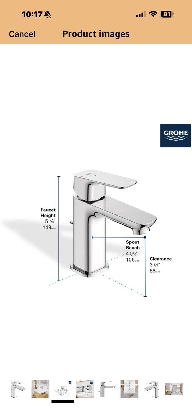 Grohe 1053490000 Cubeo Single Hole Single Handle S-Size Bathroom 