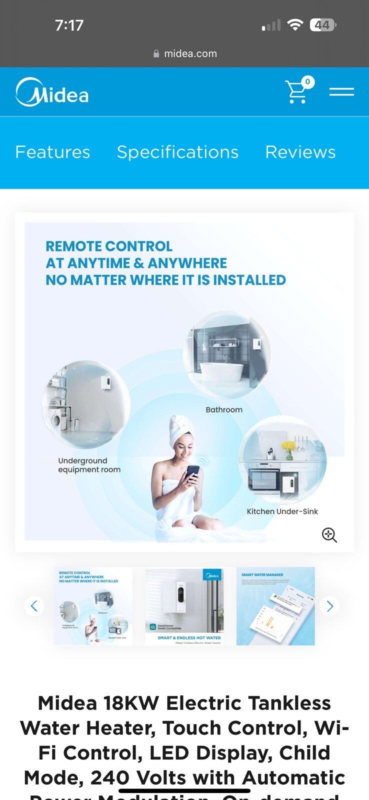 Midea 18KW Electric Tankless Water Heater, Touch Control, Wi-Fi Control