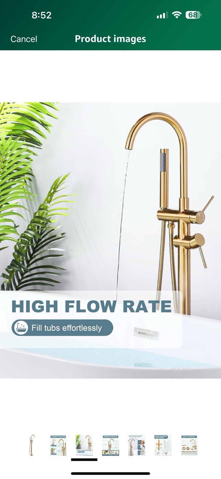 Freestanding Bathtub Faucet Brushed Gold, Floor Mount Tub Filler, High