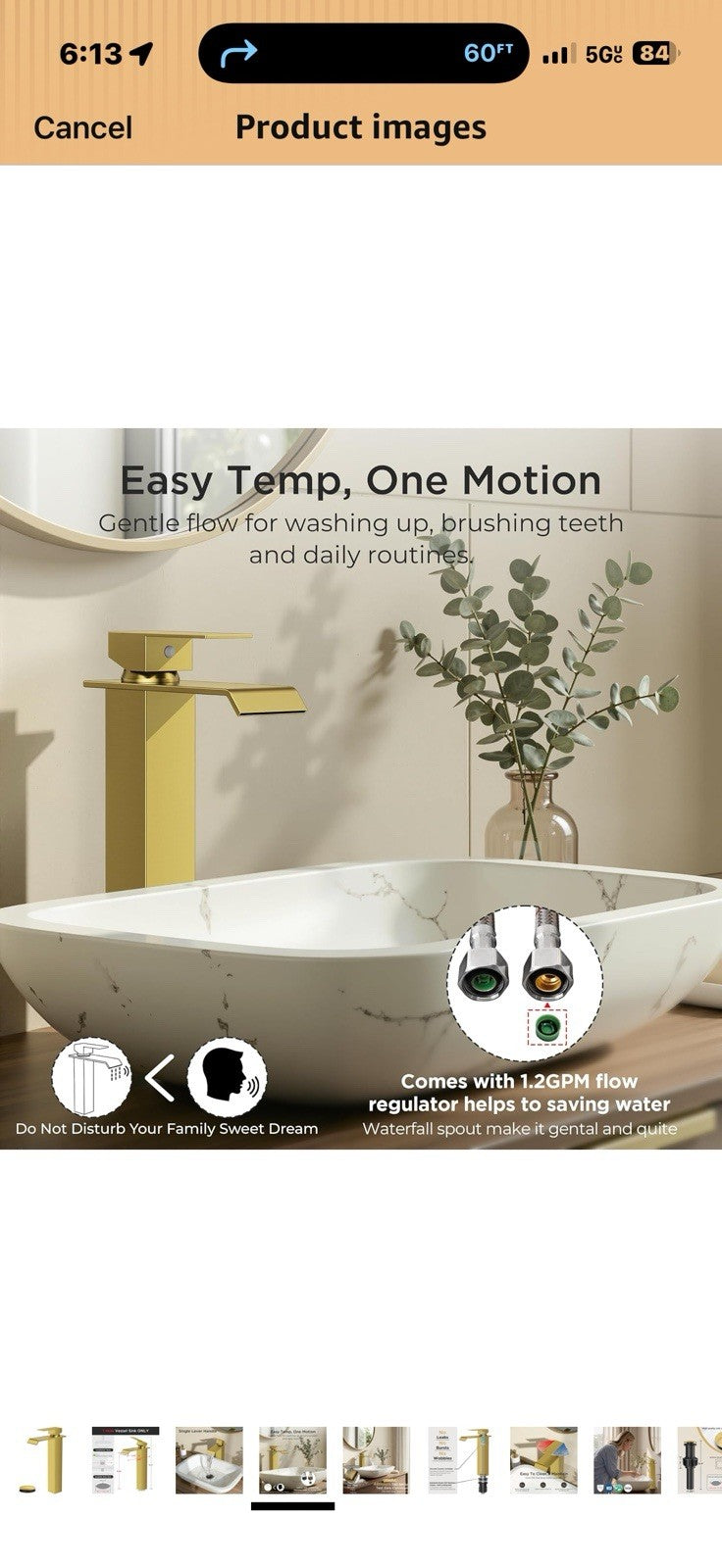 FORIOUS Vessel Bathroom Sink Faucets 1 Hole Brushed Gold, Tall Waterfall