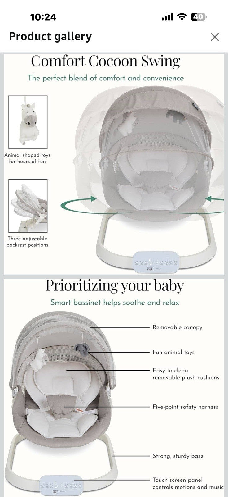 évolur Comfort Cocoon Baby Swing with TUYA Voice Control, 5-Speed