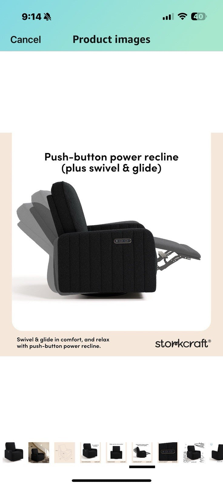 Storkcraft Kyoto Deluxe Extra-Wide Power Recliner Swivel Glider (Black Boucle) 