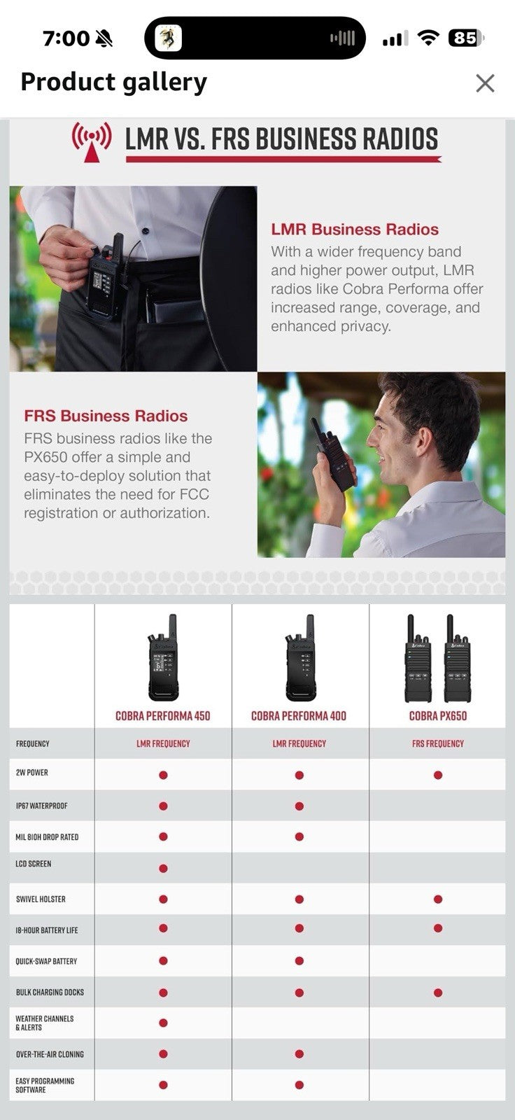 Cobra Performa 450 Business Radio (1-Pack with Dock) - 6-Channel UHF