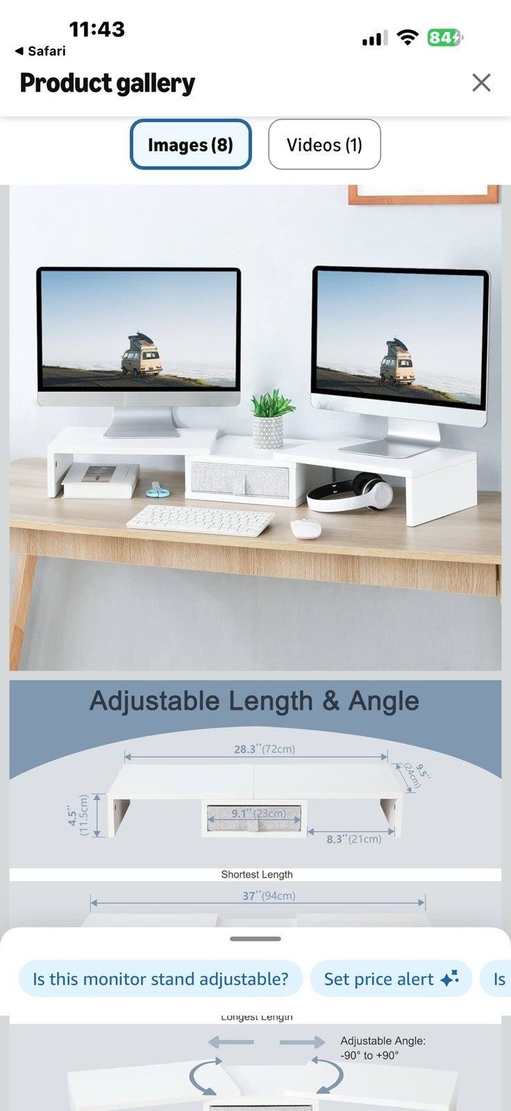 MARTY Dual Monitor Stand, White Monitor Riser with Drawer Length & Angle 