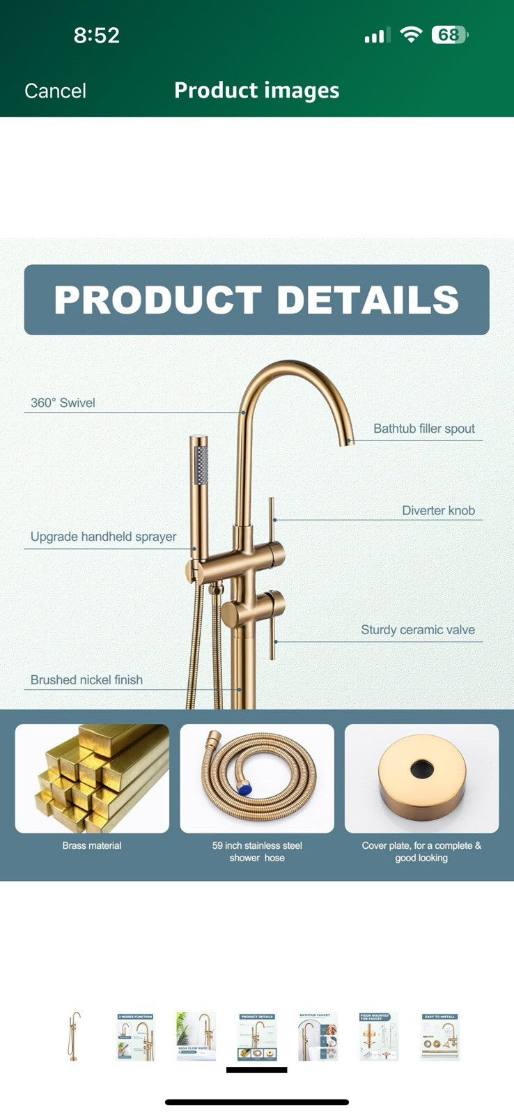 Freestanding Bathtub Faucet Brushed Gold, Floor Mount Tub Filler, High