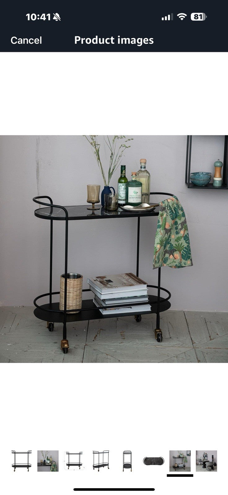 Bloomingville Metal and Veneer 2-Tier Bar Cart on Wheels, Matte Black