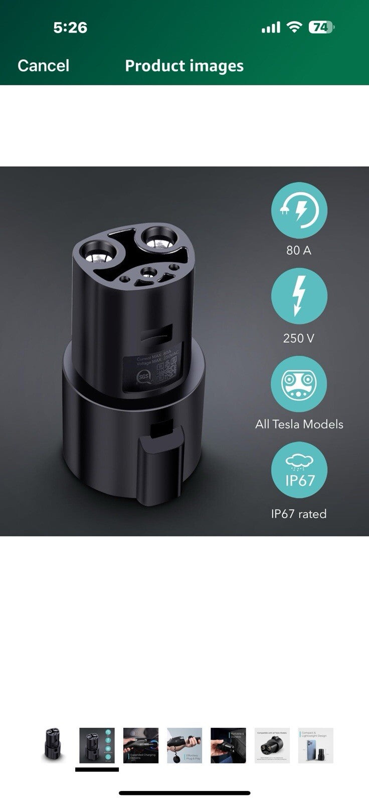 Lectron J1772 to Tesla Adapter 80 Amp (250V) - Compatible with Tesla 