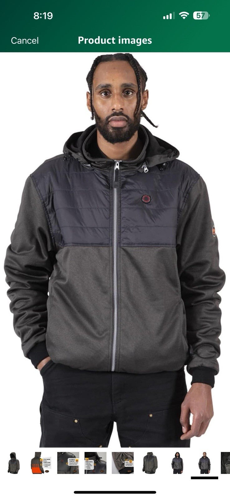 Pioneer Men's Heated Fleece Hooded Jacket with Detachable Hood - XL