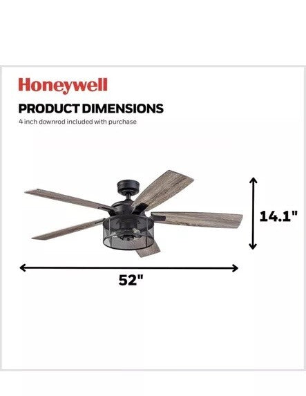 Honeywell Ceiling Fans Carnegie, 52 Inch Industrial LED Ceiling Fan with Light