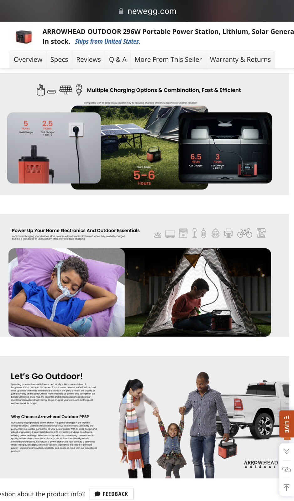 ARROWHEAD OUTDOOR 296WPortable Power Station, Lithium, Solar Generator,