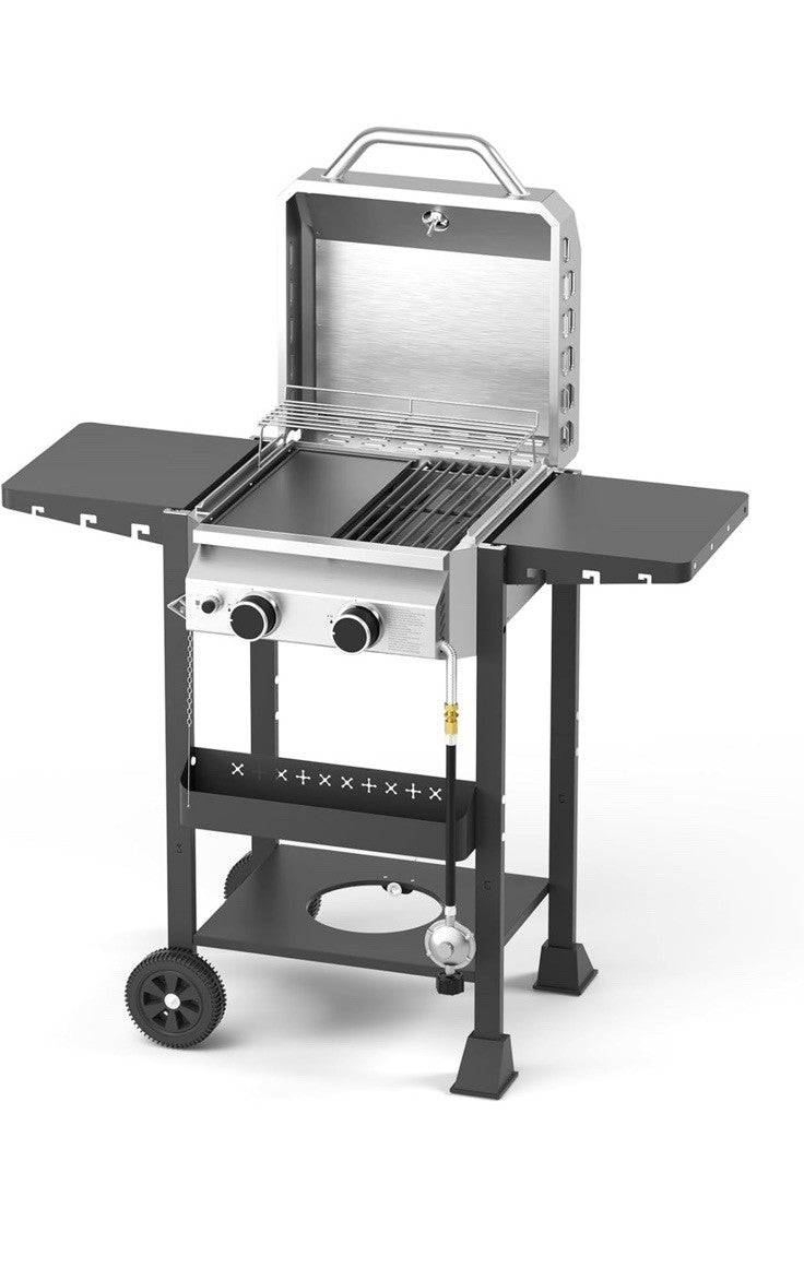 Propane Gas BBQ Grill 2-Burner Barbecue Grills with Cast Iron Frying Pan