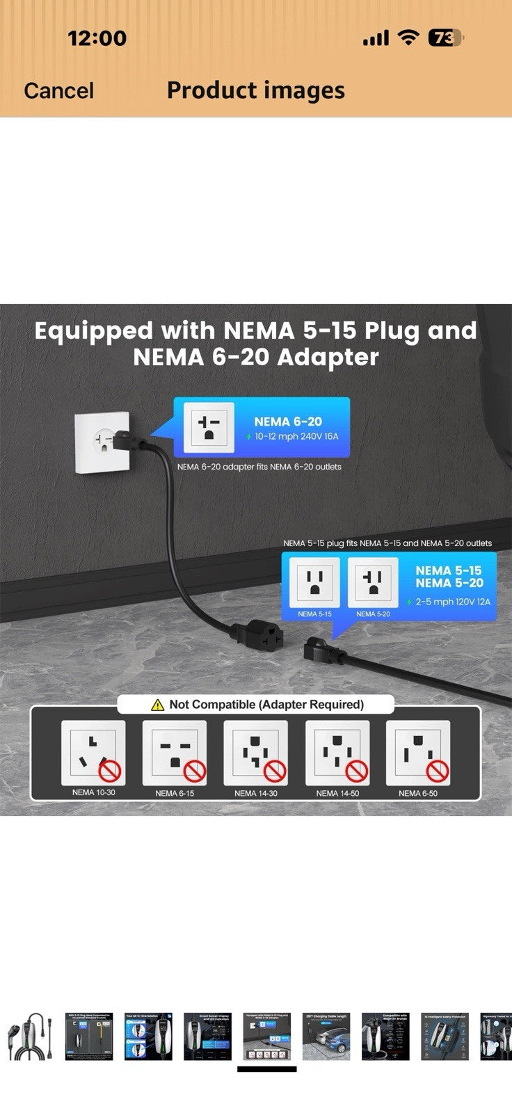 Level 1/2 EV Charger, 16Amp Adjustable Current NEMA 5-15 Plug/NEMA 6-20
