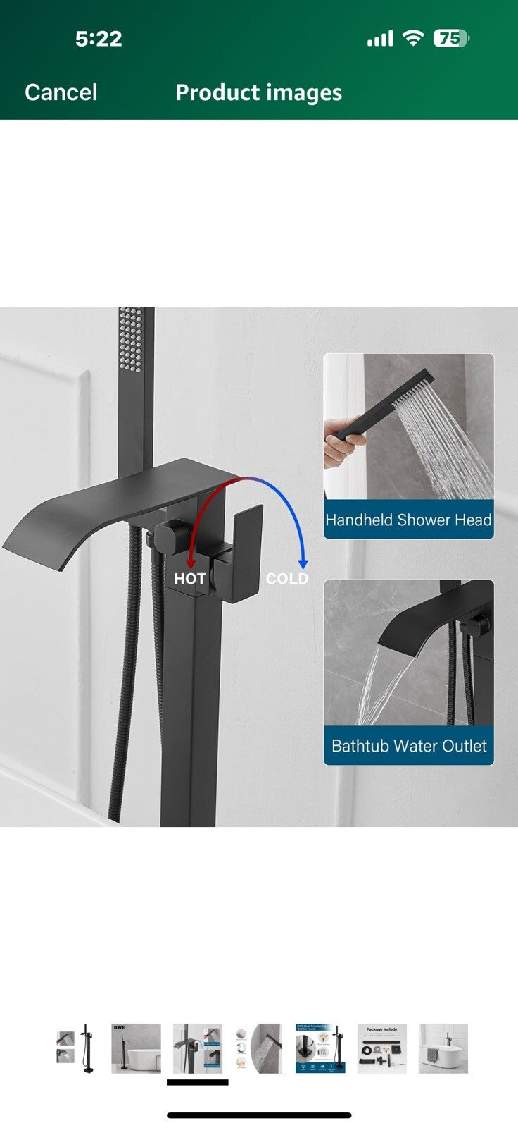 BWE Black Freestanding Bathtub Faucet Floor Mounted Tub Filler Waterfall
