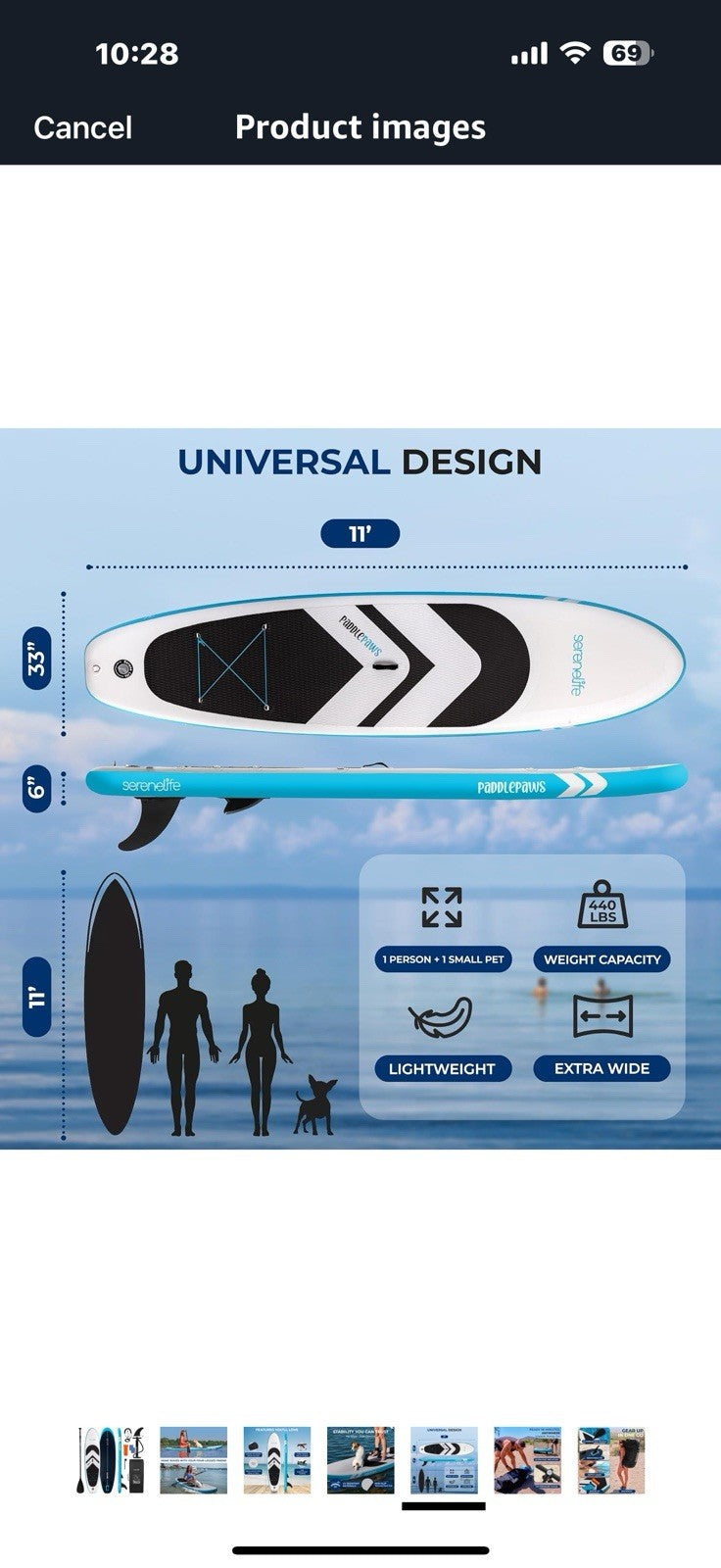 SereneLife 11’ Inflatable SUP - Pet-Friendly Stand-Up Paddle Board for Adults