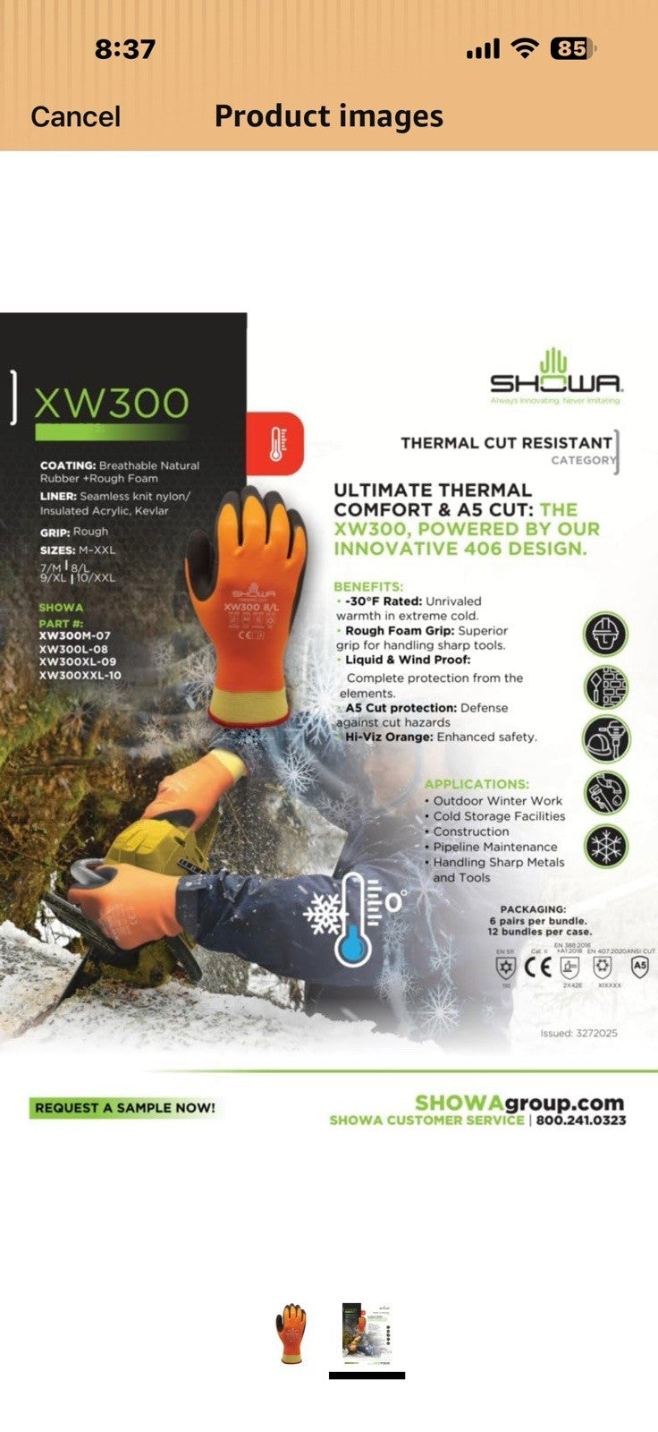 SHOWA XW300 Insulated, A5 Cut Resistant Latex-Coated General