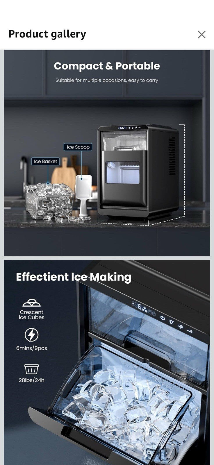 Crescent Ice Maker Countertop, 28Lbs/24H Ice Production, 16 Cubes in 6 Mins,