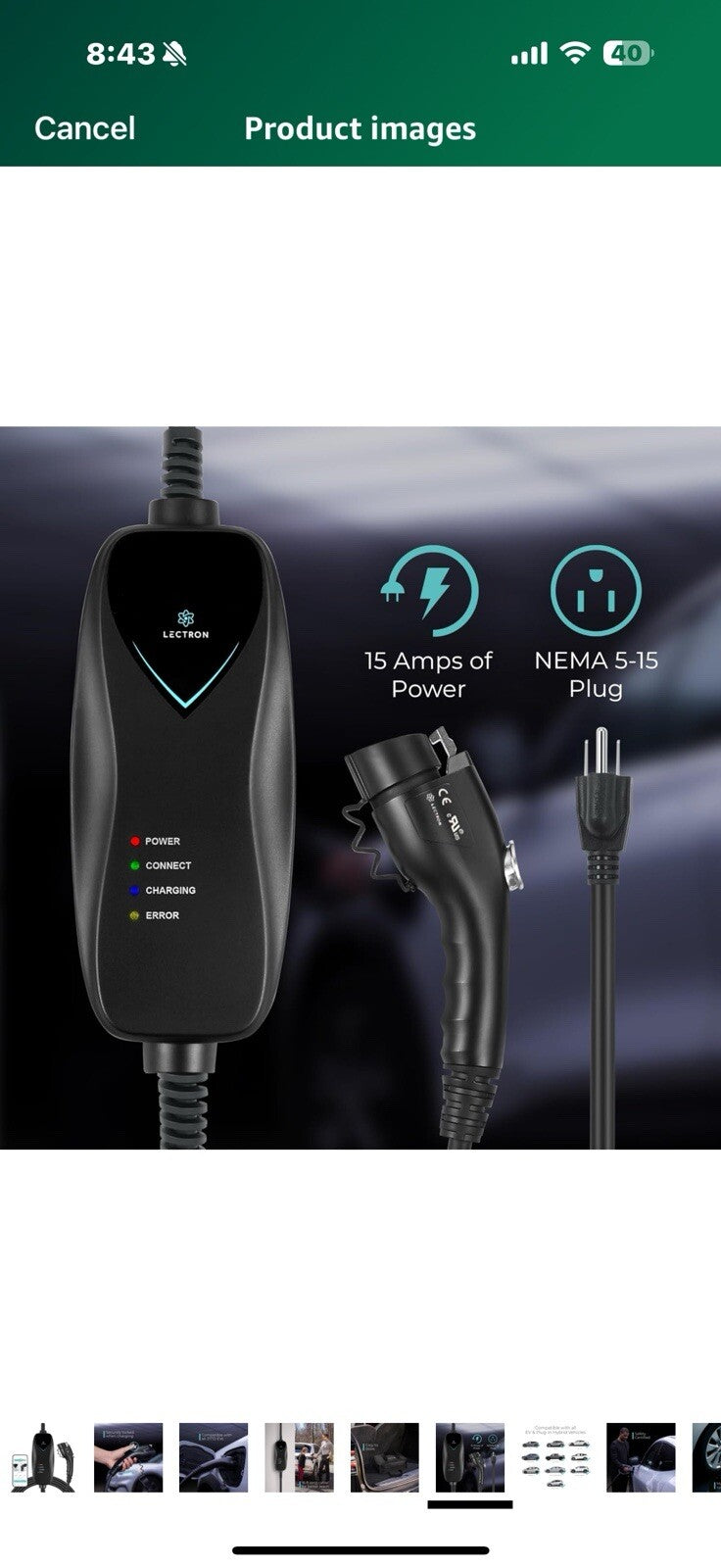 Lectron Level 1 J1772 Charger (WiFi Version) - 110V, 15 Amp, NEMA 5-15 Plug