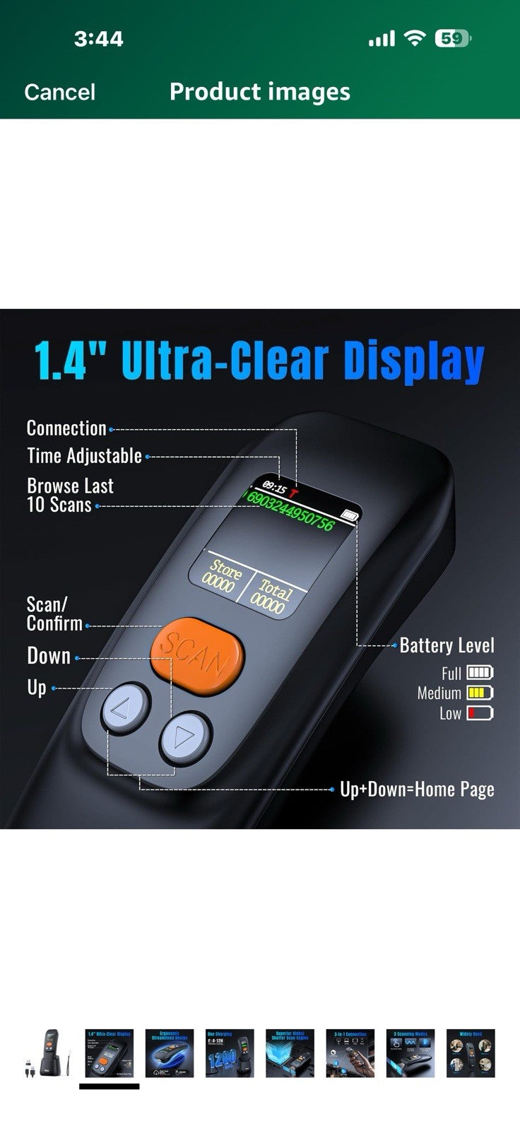 Tera Barcode Scanner Wireless Portable: 1.4" Large LCD Screen 1200mAh