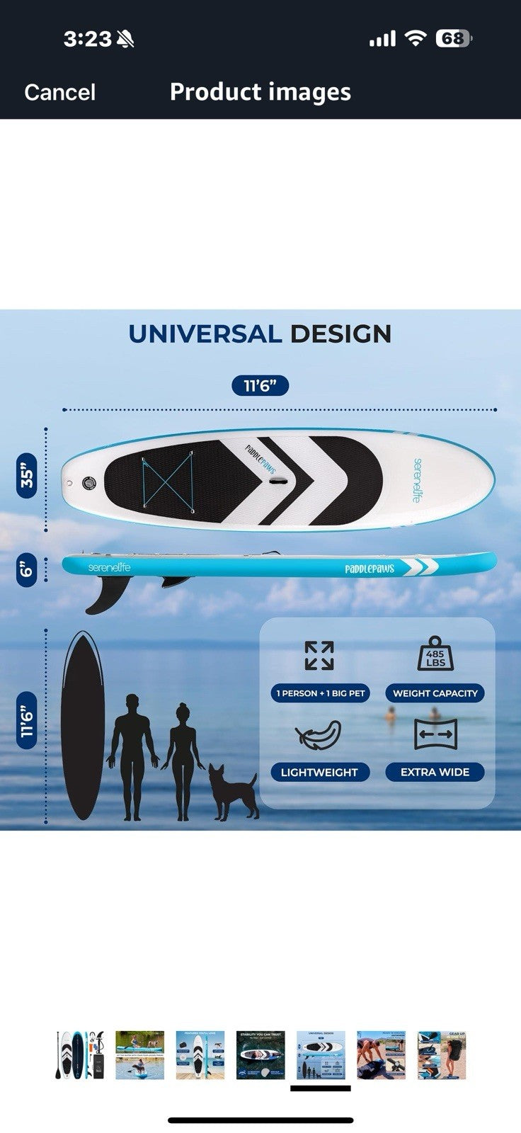 SereneLife 11’6” Inflatable SUP - Pet-Friendly Stand-Up Paddleboard for Adults