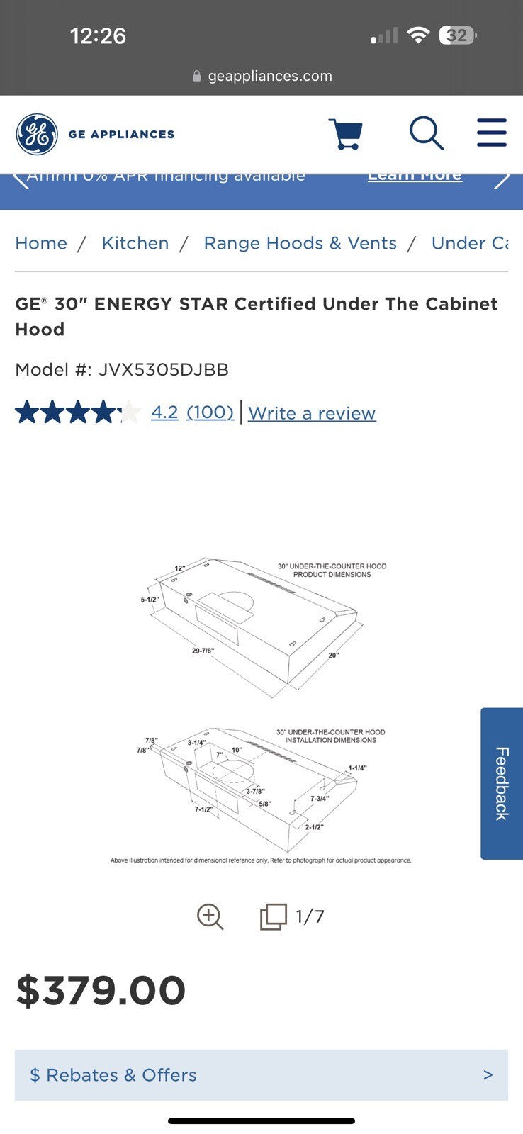 GE 30" Energy Star Certified Under The Cabinet Hood