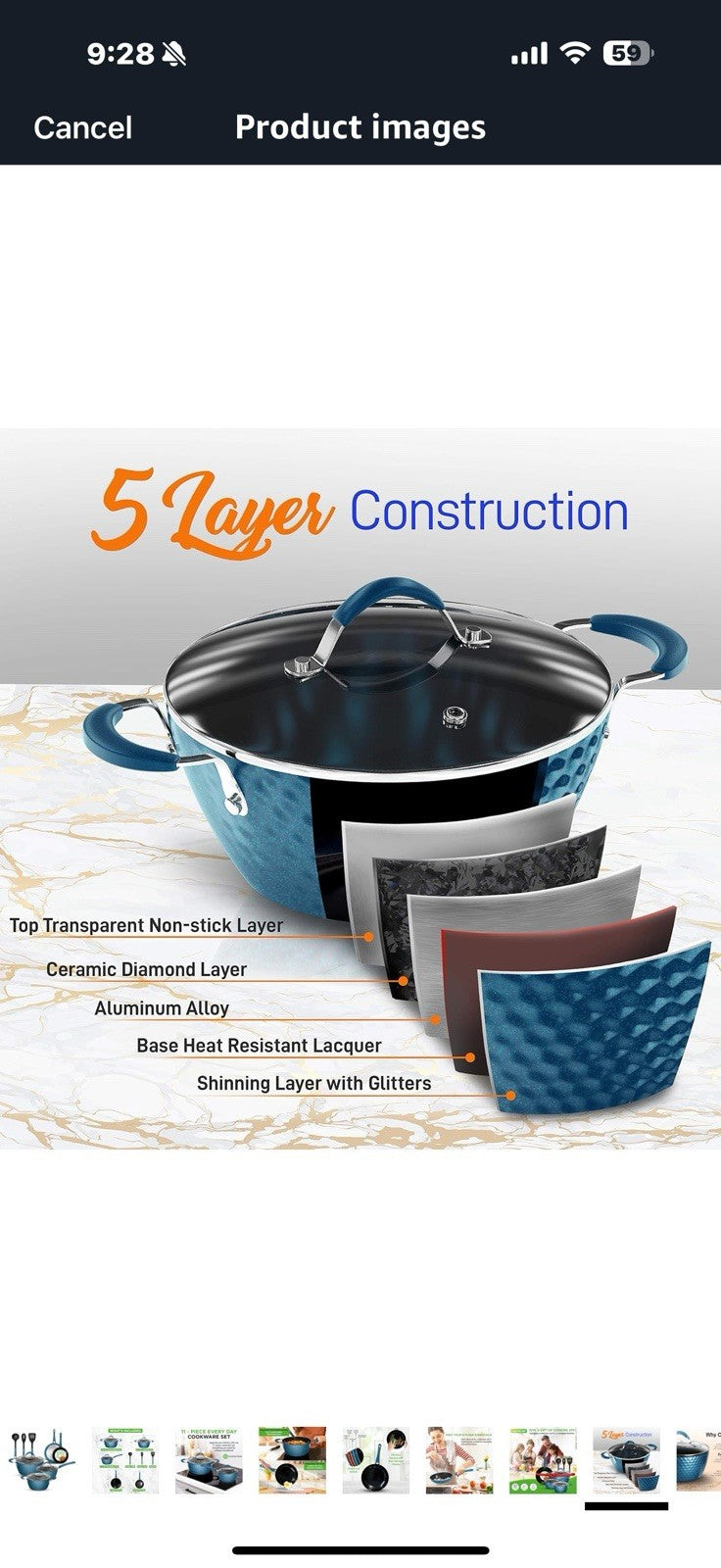NutriChef 11 Pc Ceramic Cookware Set - Excilon Blue Diamond, Nonstick,