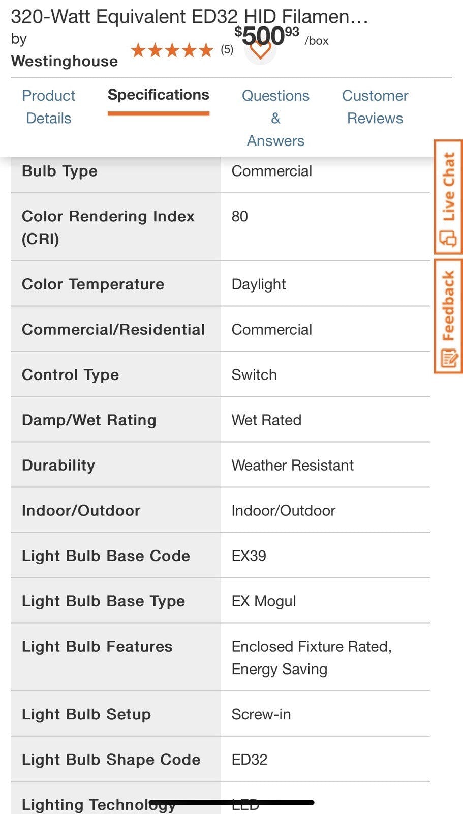 Westinghouse 5269020 54 Watt (320 Watt HID Equivalent) ED32 Daylight