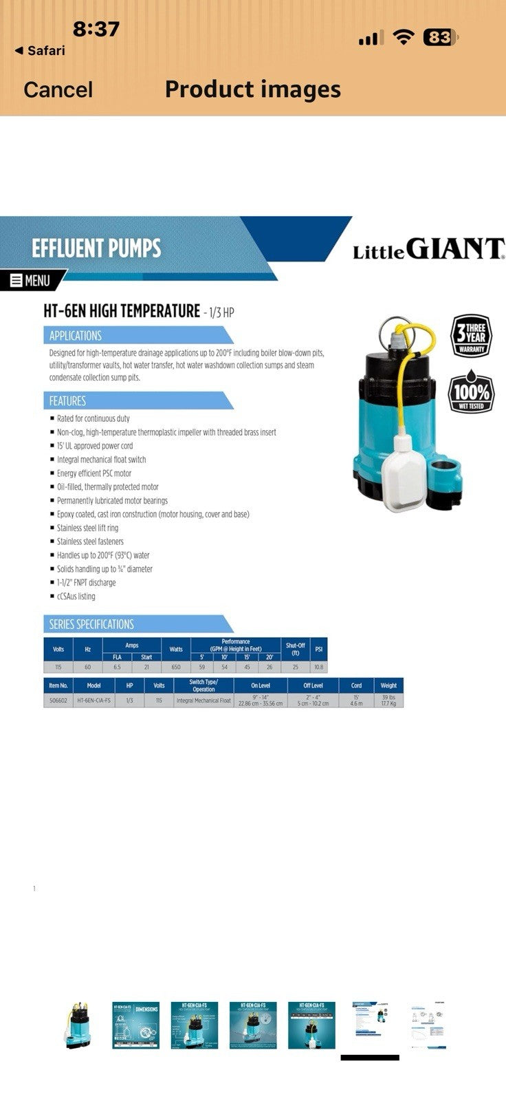 Little Giant HT-6EN-CIA-SFS, 115 Volt, 1/3 HP, 3540 GPH High Temperature 